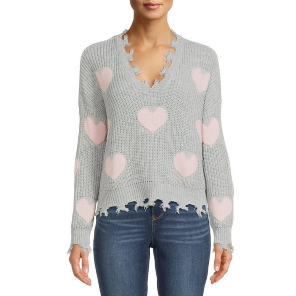 Light Gray V-Neck Sweater Pink Heart Accents.  Size XXL